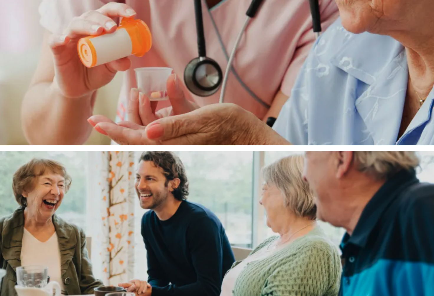 Healthcare interactions and joyful moments among seniors.